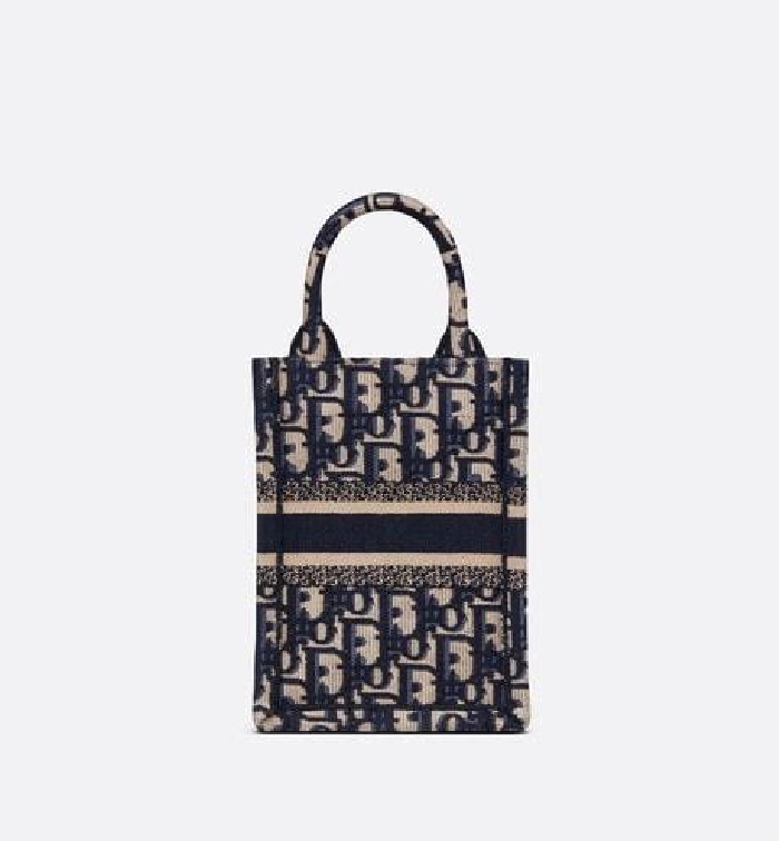 Dior 디올 여성 블루 오블리크 자수 북 토트 미니 휴대폰 백