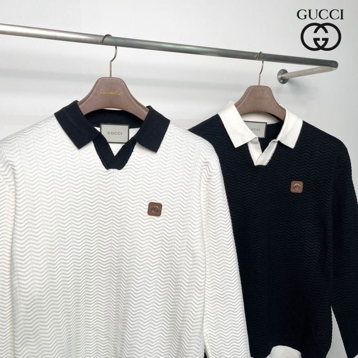 GUCCI 구찌 가죽패치 오픈카라 니트