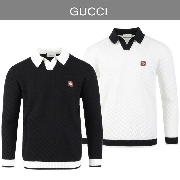 GUCCI 구찌 스틸로고 배색 카라 롱슬리브 니트