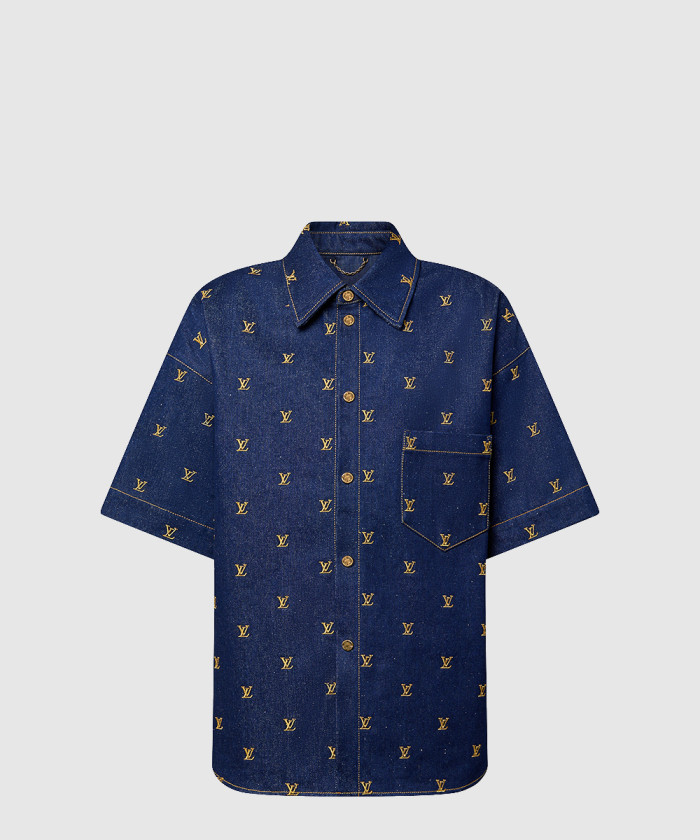 루이비통 엠브로이더드 시그니처 쇼트 슬리브드 데님 셔츠 1AFJDV