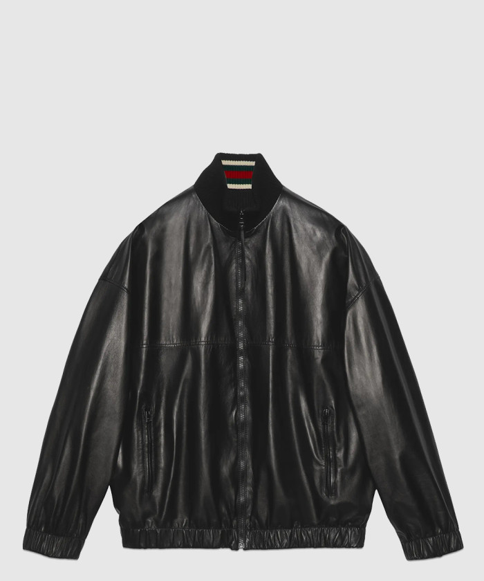 구찌 로고 자수 가죽 봄버 재킷 741435