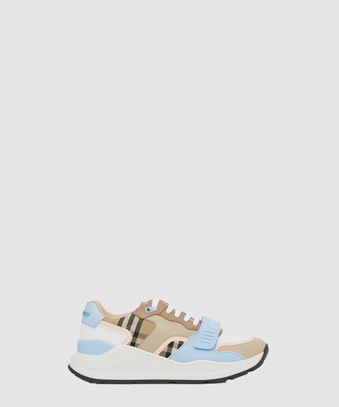 버버리 체크 코튼 캔버스 레더 스니커즈 80483471