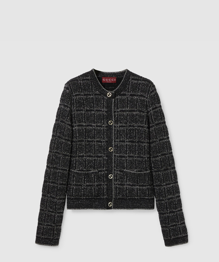 구찌 울 및 라메 체크 자카드 가디건 805754